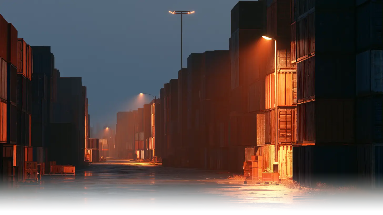 Containers stacked at a European port at dusk, a single lane of them lit while the rest fall into shadow