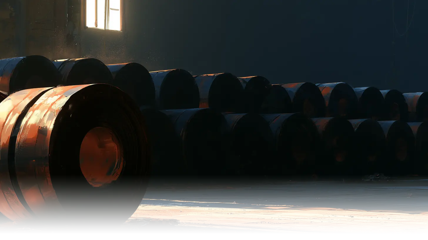 Coils of rolled steel in a warehouse, one lit brightly while the rows behind recede into darkness