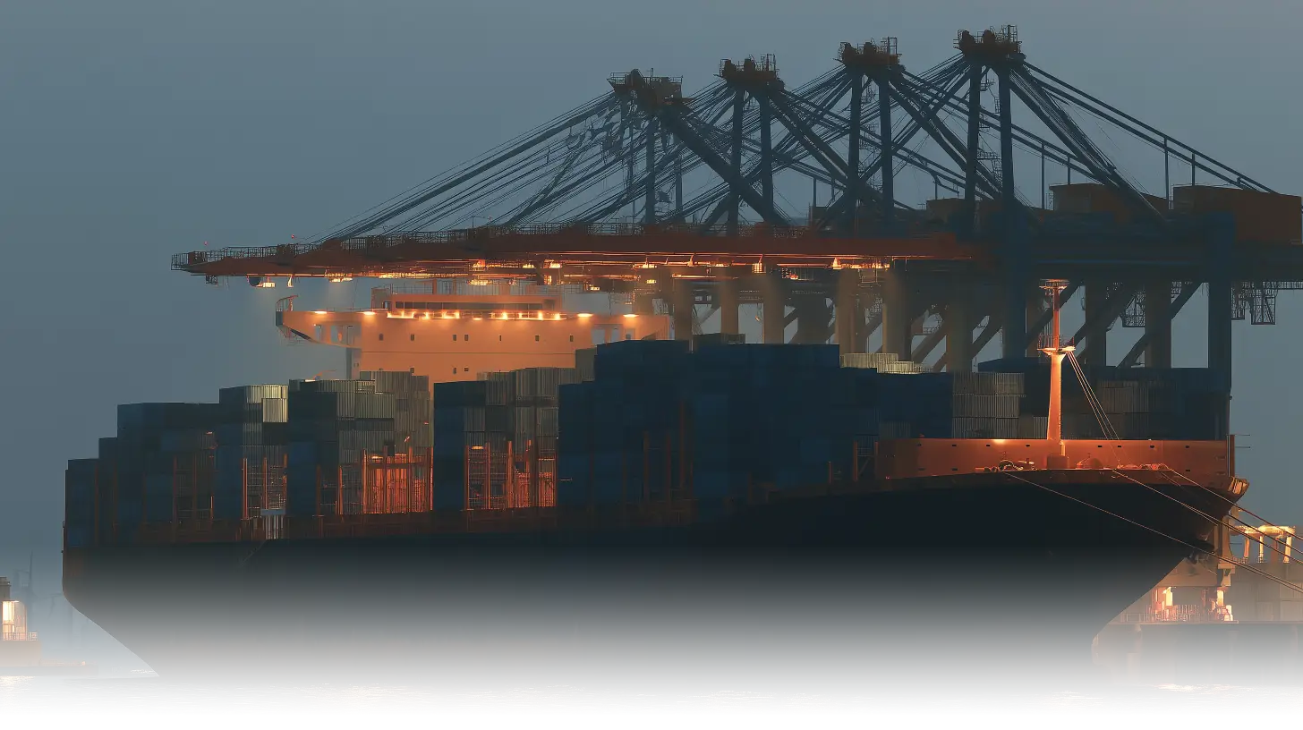 A cargo ship being unloaded under a grey European sky, gantry cranes reaching over stacked containers