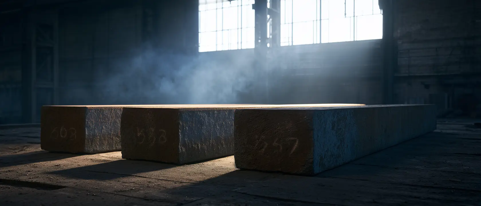 Three identical steel billets in a receding row on a mill floor, each one lit a little brighter than the one before it