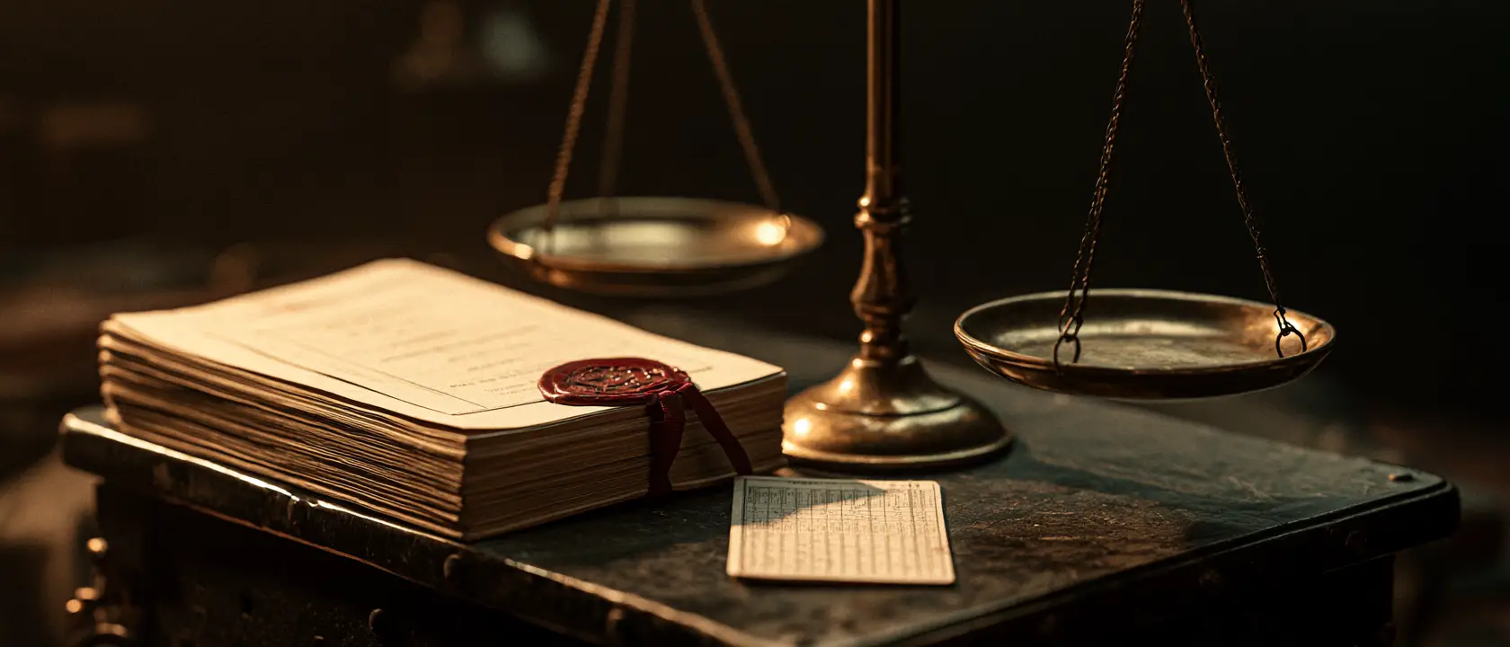 An old brass balance scale on a dark steel workbench: one pan holds a thick wax-sealed verification report, the other a single thin printed table card, the sealed report weighing the heavier